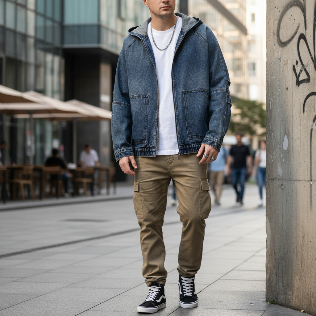 Veste en jean à capuche homme bleu oversize en denim épais avec poches avant et doublure grise. Image