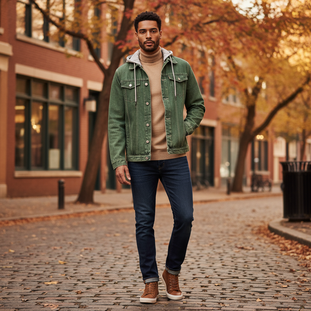 Veste en jean à capuche verte homme en denim épais, capuche grise en coton intégré. Image