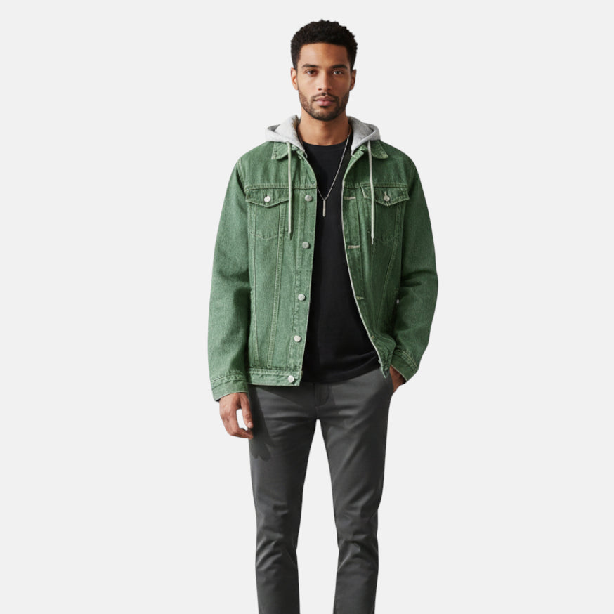 Veste en jean à capuche verte homme
