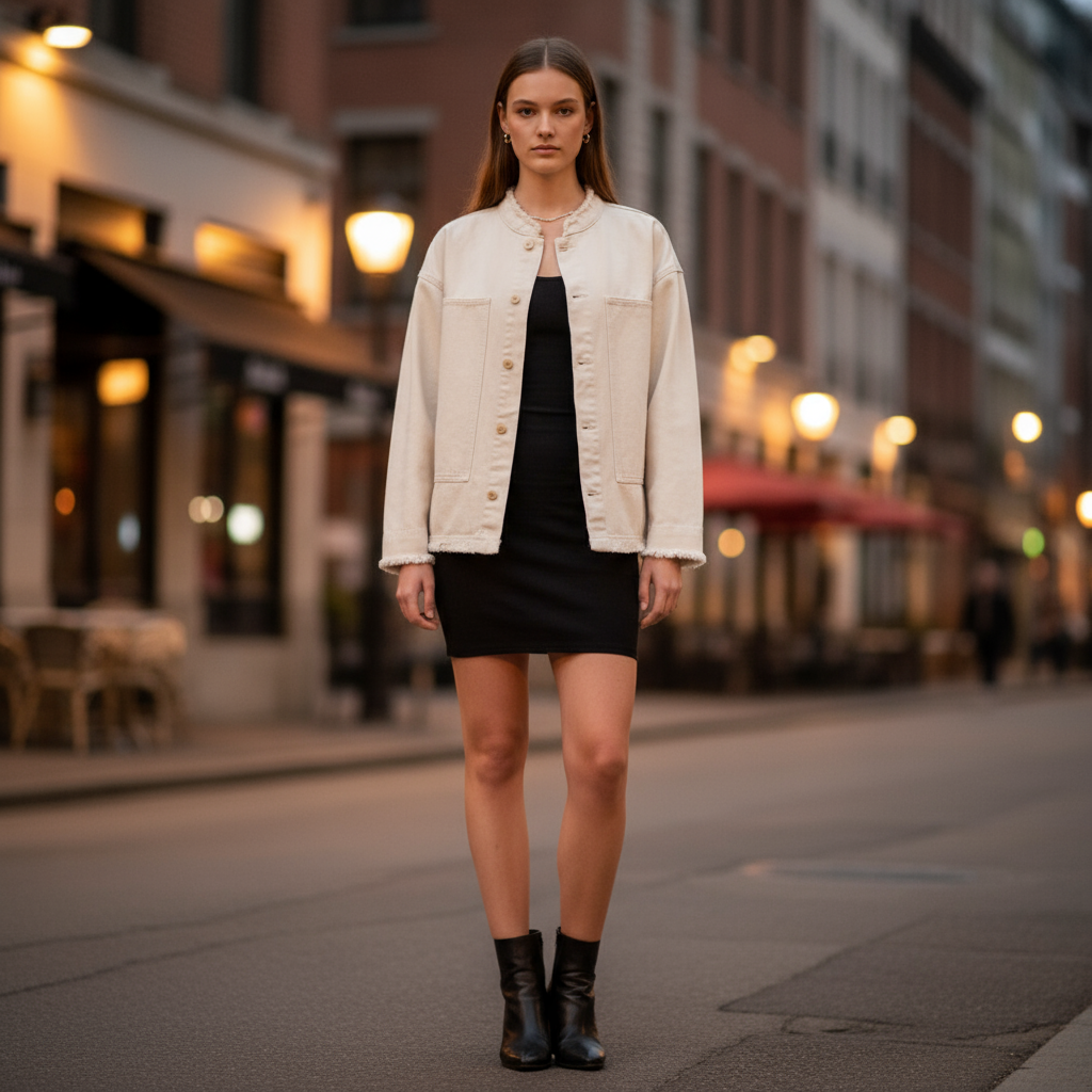 Veste en jean blanc cassé femme en denim épais, coupe droite, portée sur une robe noire. Image