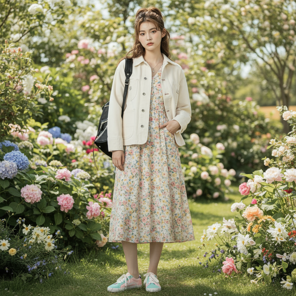 Veste en jean blanche coupe droite femme, en denim, portée sur une robe fleurie estivale. Image