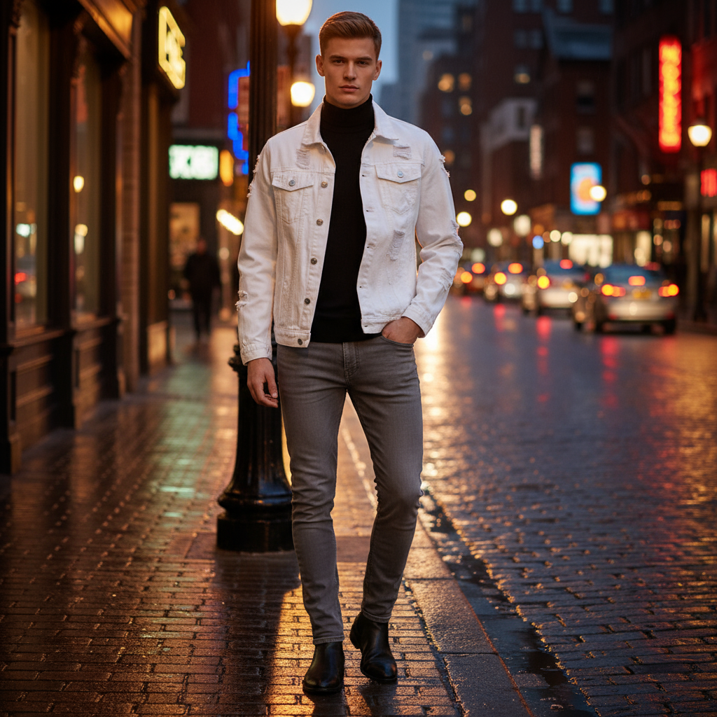 Veste en jean blanche déchirée homme en denim, coupe droite, portée en milieu urbain. Image