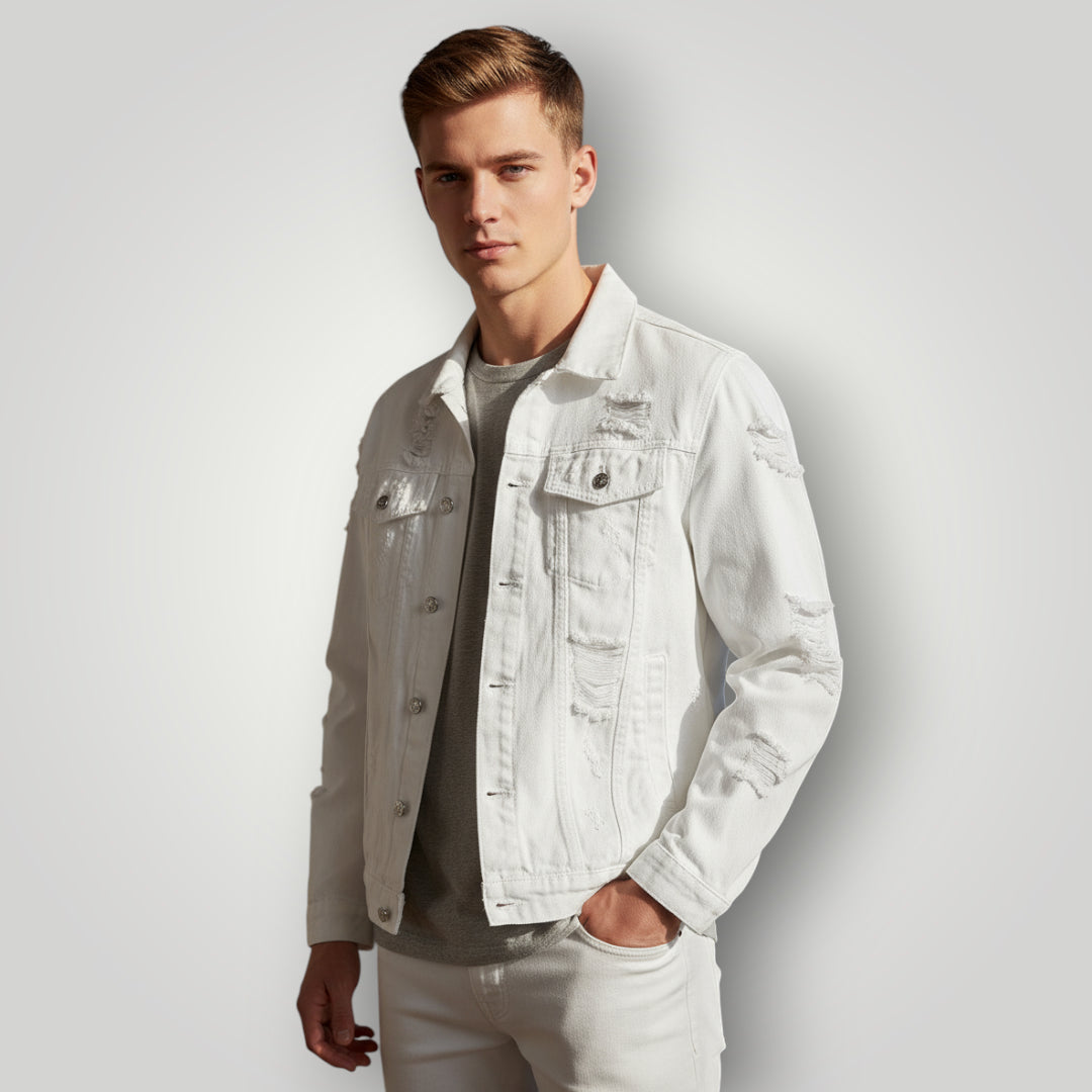 Veste en jean blanche déchirée homme