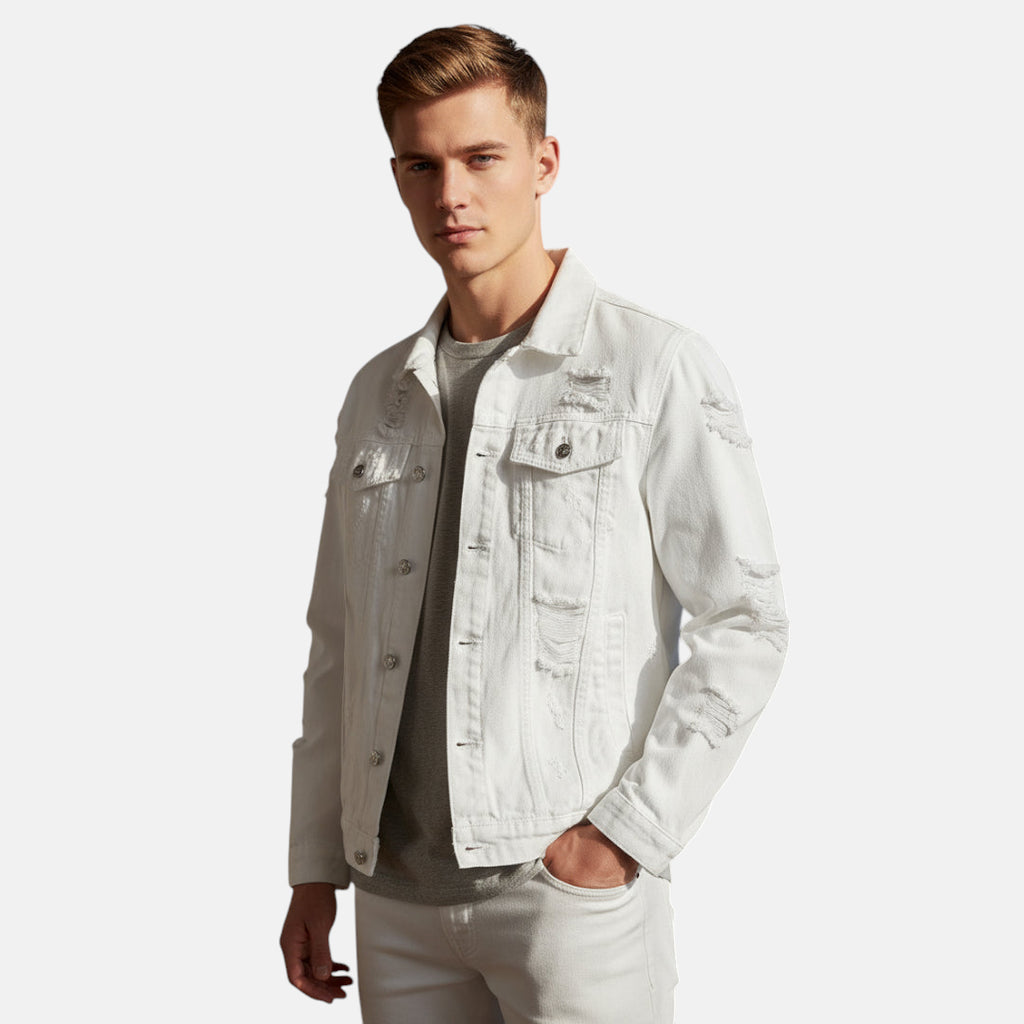 Veste en jean blanche déchirée homme
