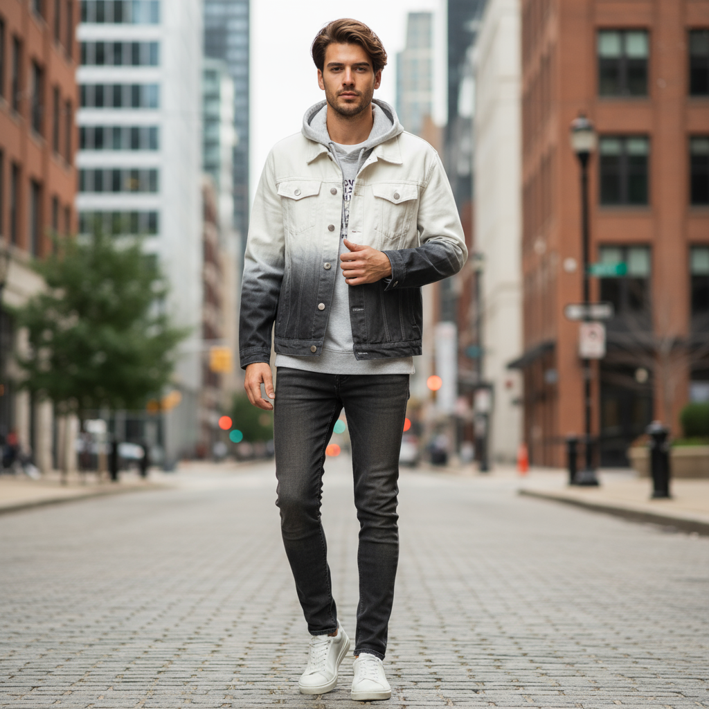 Veste en jean blanche et grise homme en denim dégradé, coupe classique avec boutons métalliques. Image