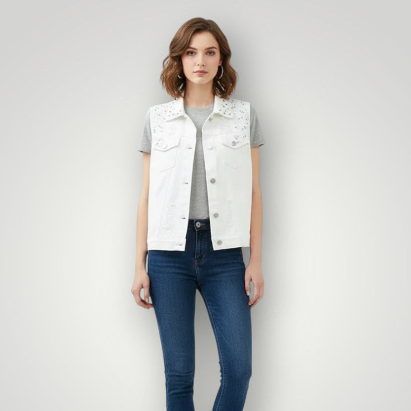 Veste en jean blanche femme avec perles