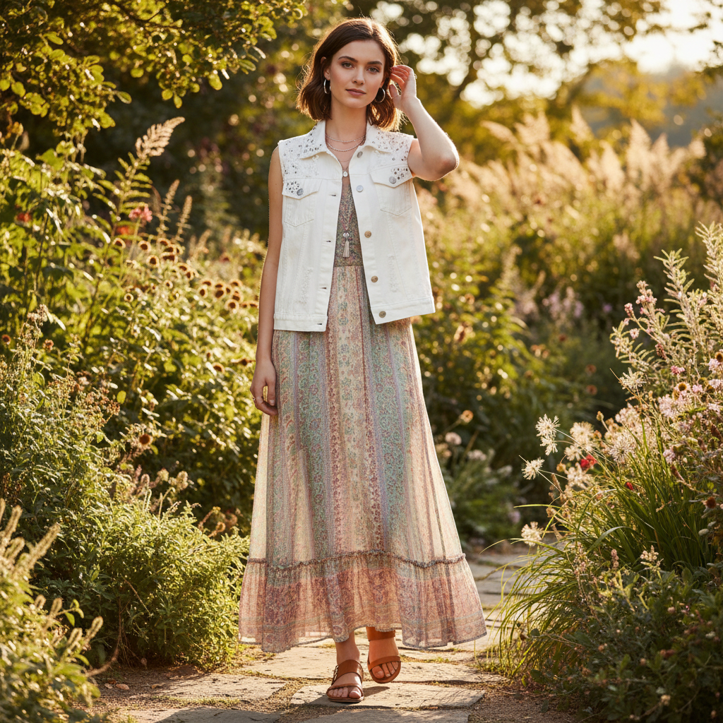 Veste en jean blanche femme avec perles, sans manches, en denim, portée sur une robe longue. Image