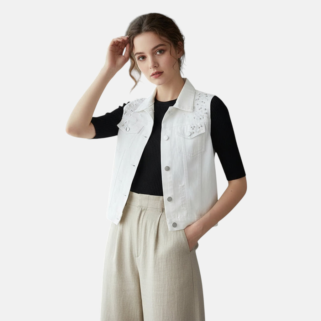 Veste en jean blanche femme avec perles