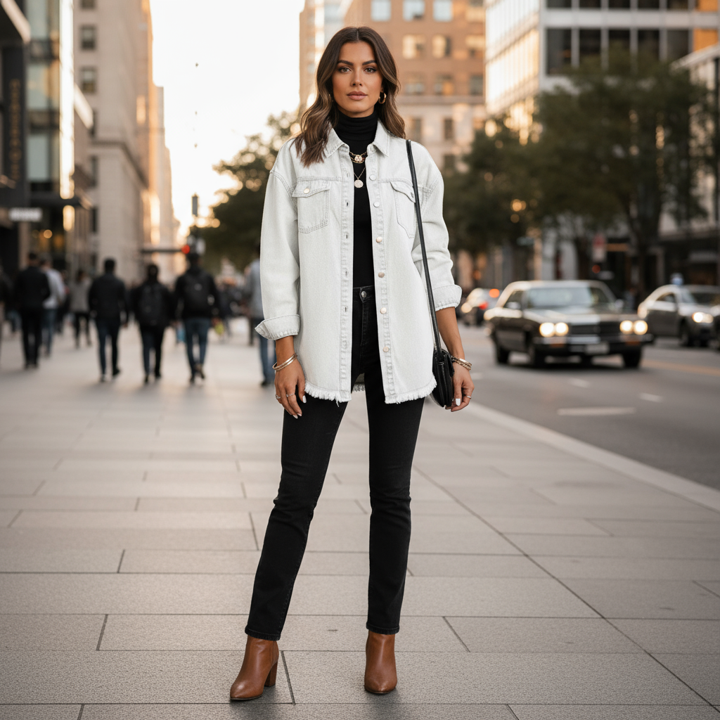 Veste en jean blanche femme longue en denim, coupe droite, manches longues, finition effilochée. Image