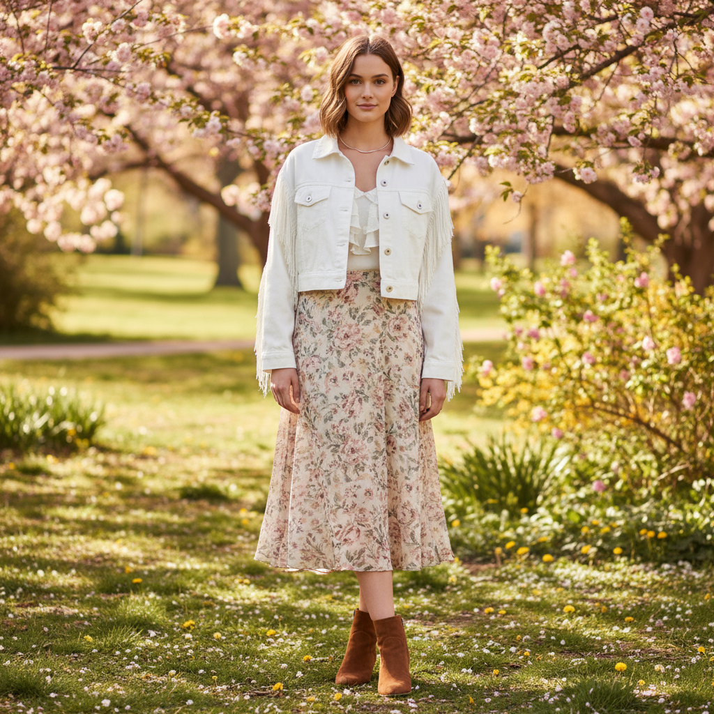 Veste en jean blanche femme western en denim avec franges, coupe courte et col classique. Image