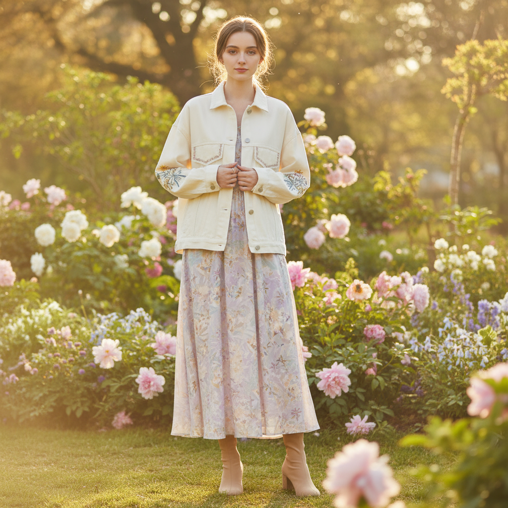 Veste en jean blanche oversize femme en denim avec broderies florales sur les manches. Image