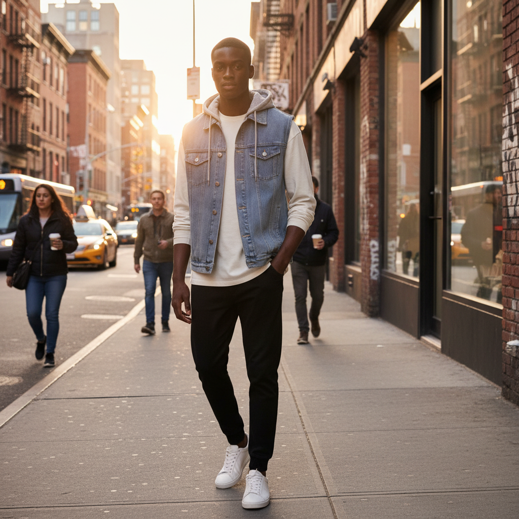 Veste en jean bleu à capuche sans manches en denim léger portée sur un sweat beige clair. Image