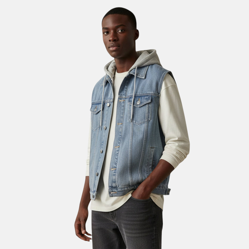 Veste en jean bleu à capuche sans manches