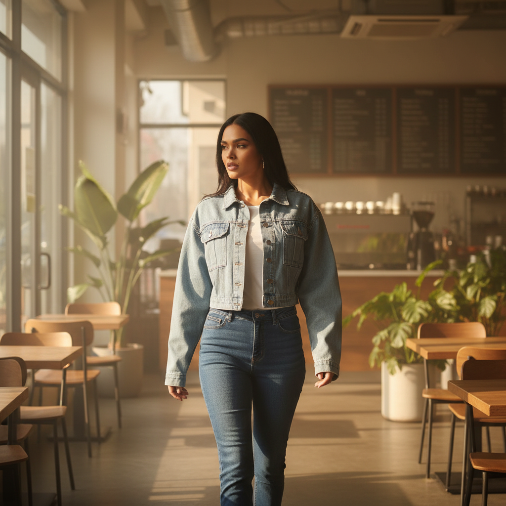 Veste en jean claire en denim bleu clair, coupe courte et manches longues, portée ouverte. Image