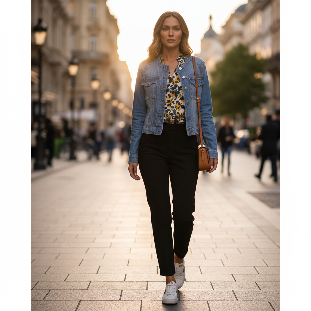 Veste en jean col rond femme bleu clair en denim, portée ouverte sur un chemisier imprimé. Image