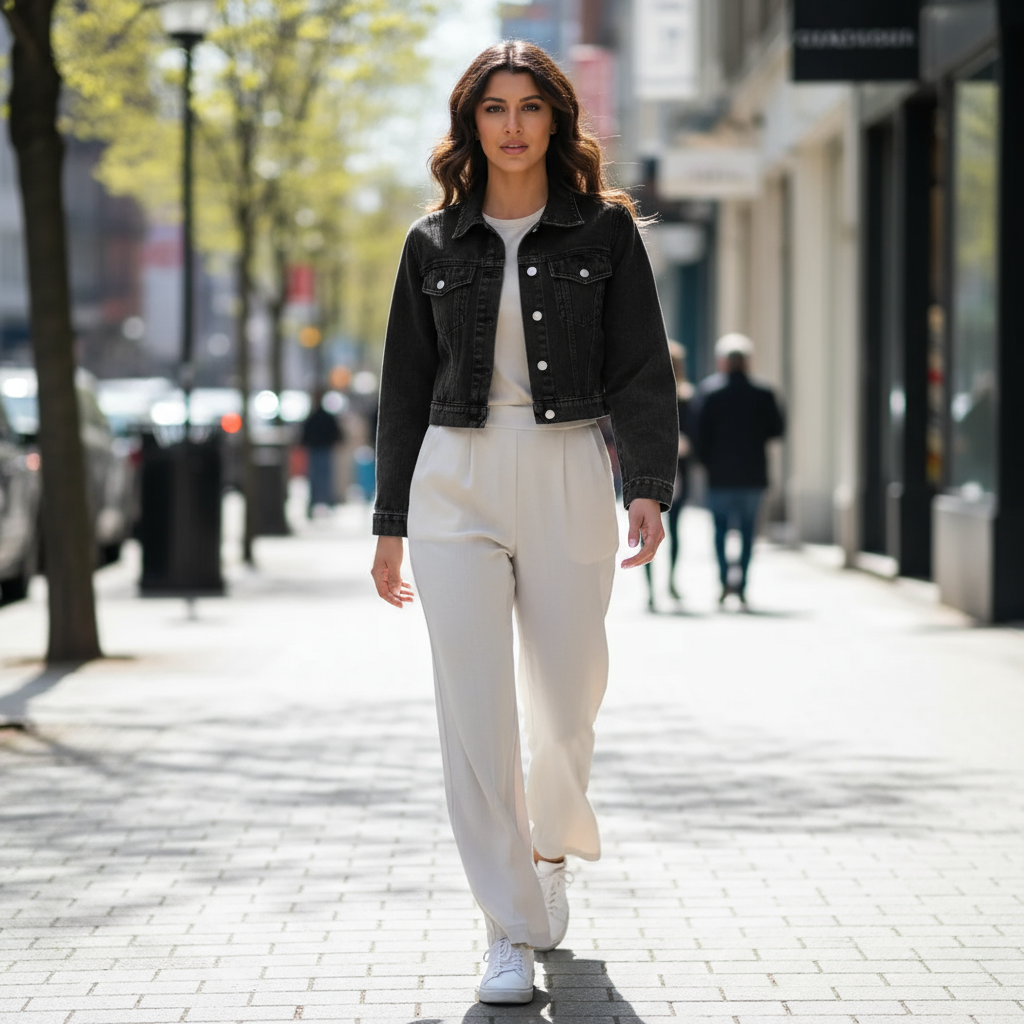 Veste en jean courte noire en denim, manches longues, portée ouverte sur une tenue claire casual. Image