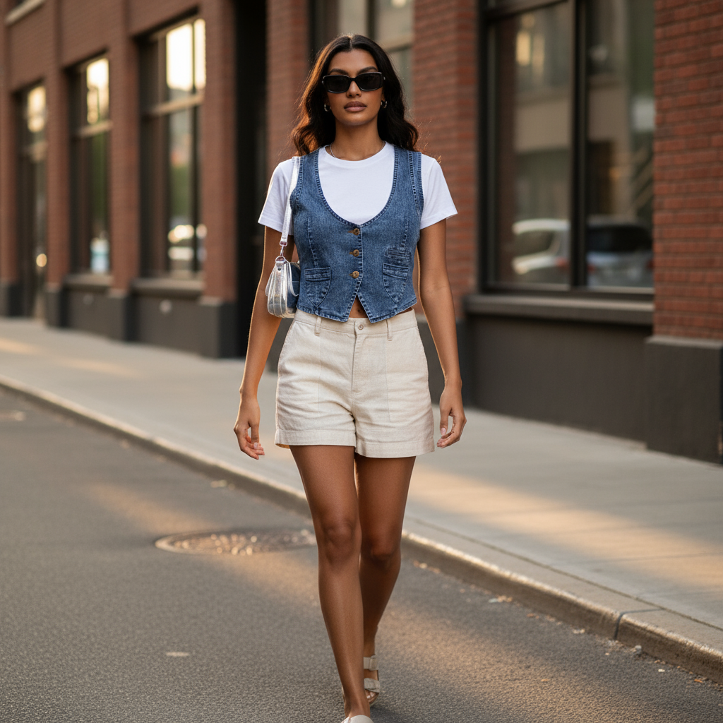 Veste en jean courte sans manche femme bleue en denim, coupe ajustée avec boutons frontaux. Image