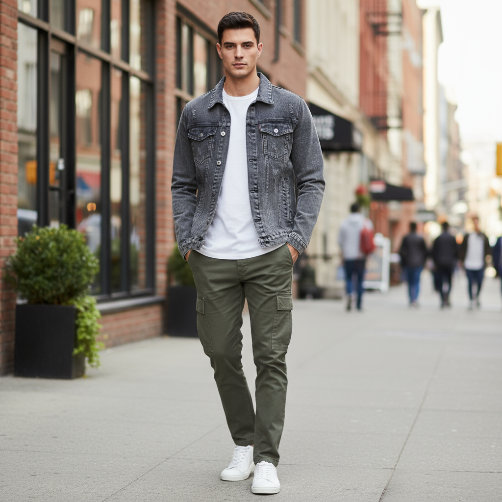 Veste en jean délavé homme gris en denim, portée ouverte sur un t-shirt blanc casual. Image