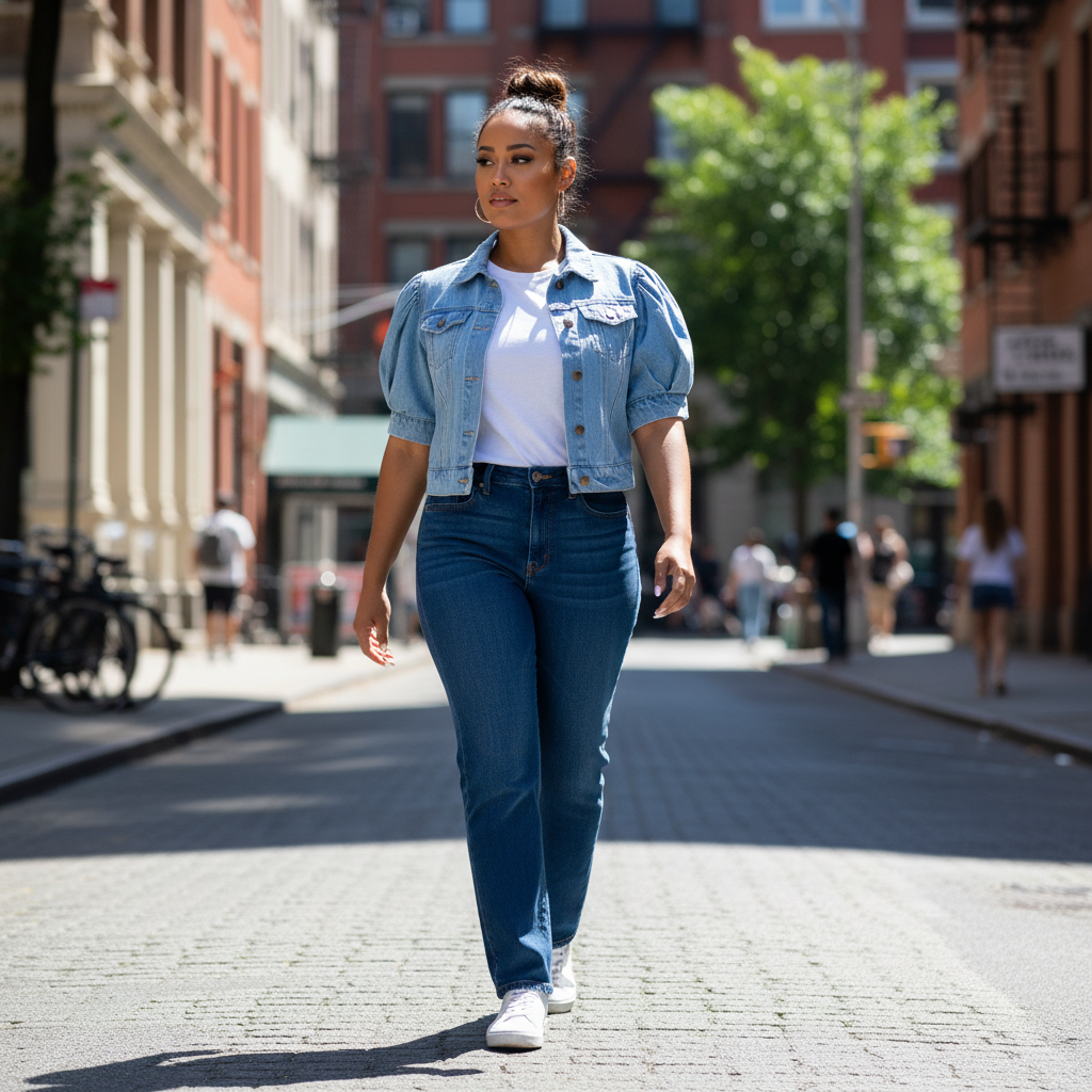 Veste en jean design bleu clair en denim, à manches courtes bouffantes et coupe courte moderne. Image