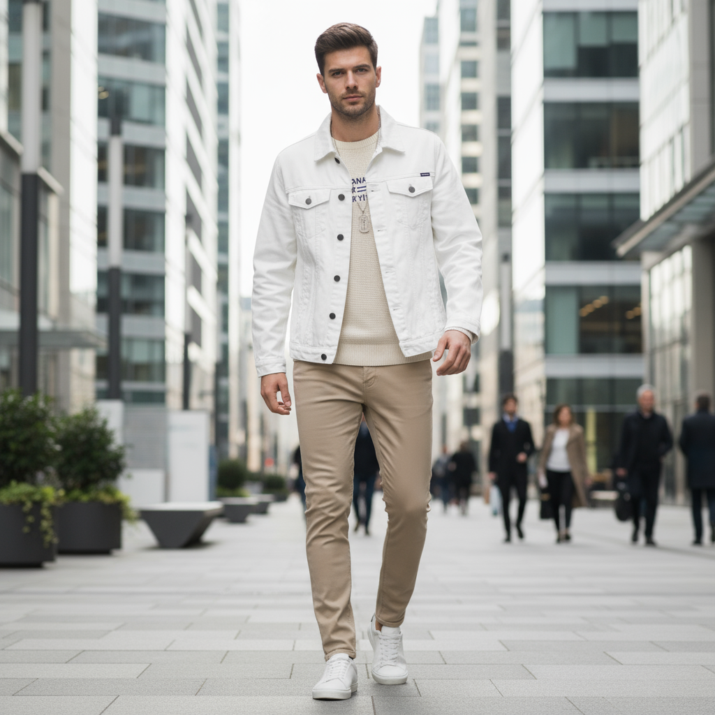 Veste en jean fashion homme blanche en denim, coupe droite avec boutons noirs contrastants. Image