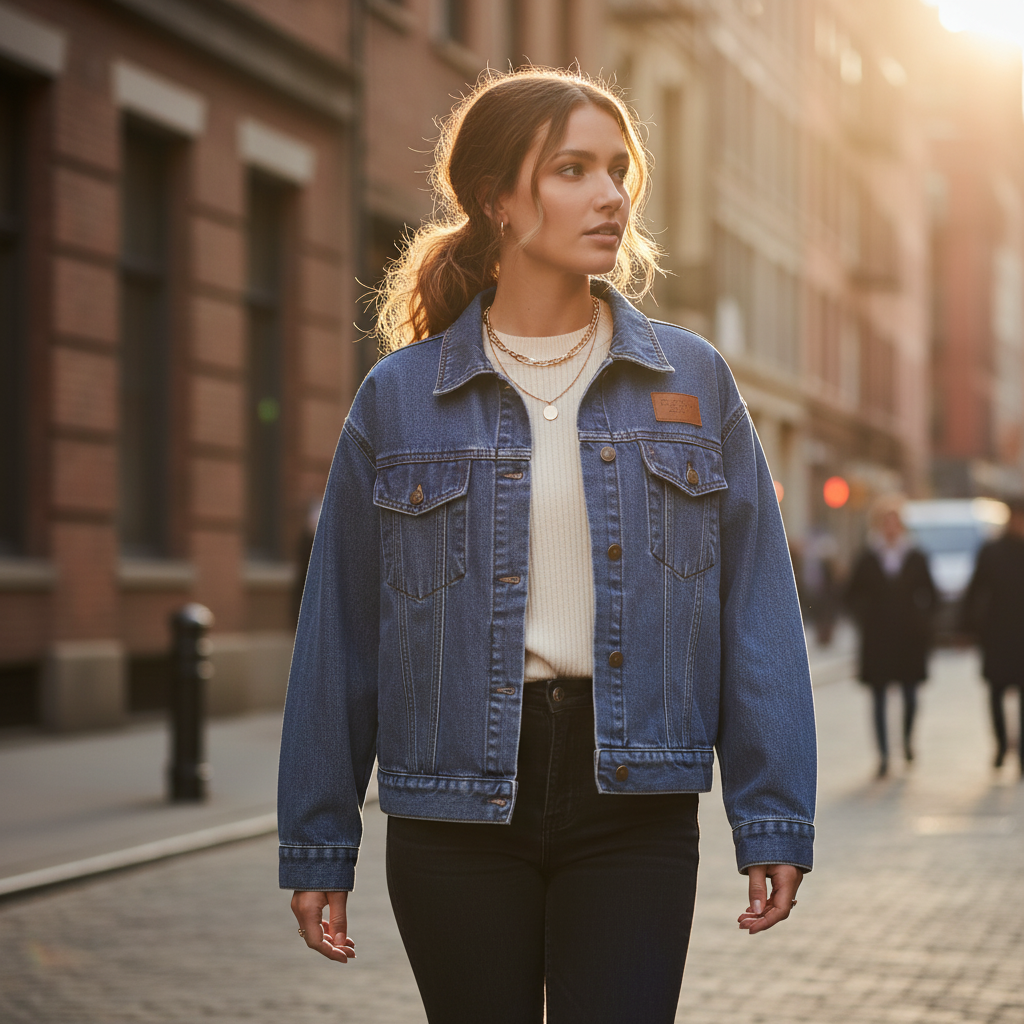 Veste en jean femme bleu brut en denim épais, coupe droite avec poches poitrine à rabat. Image
