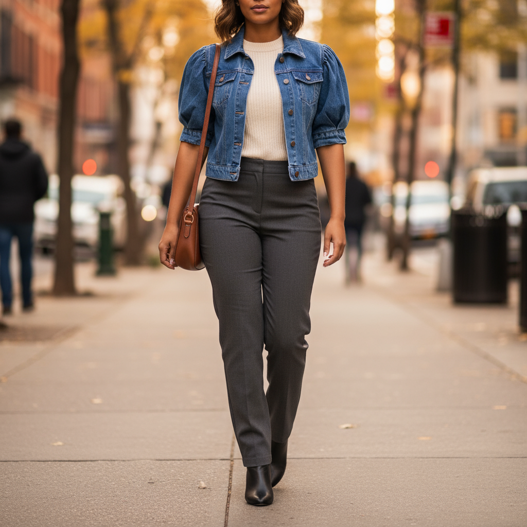 Veste en jean femme manche 3/4 bleu en denim, coupe courte avec épaules légèrement bouffantes. Image