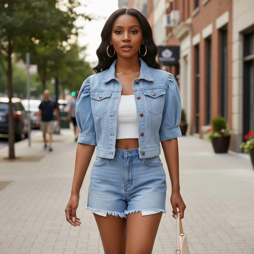 Veste en jean femme manche bouffante en denim bleu clair, coupe courte et effet structuré. Image