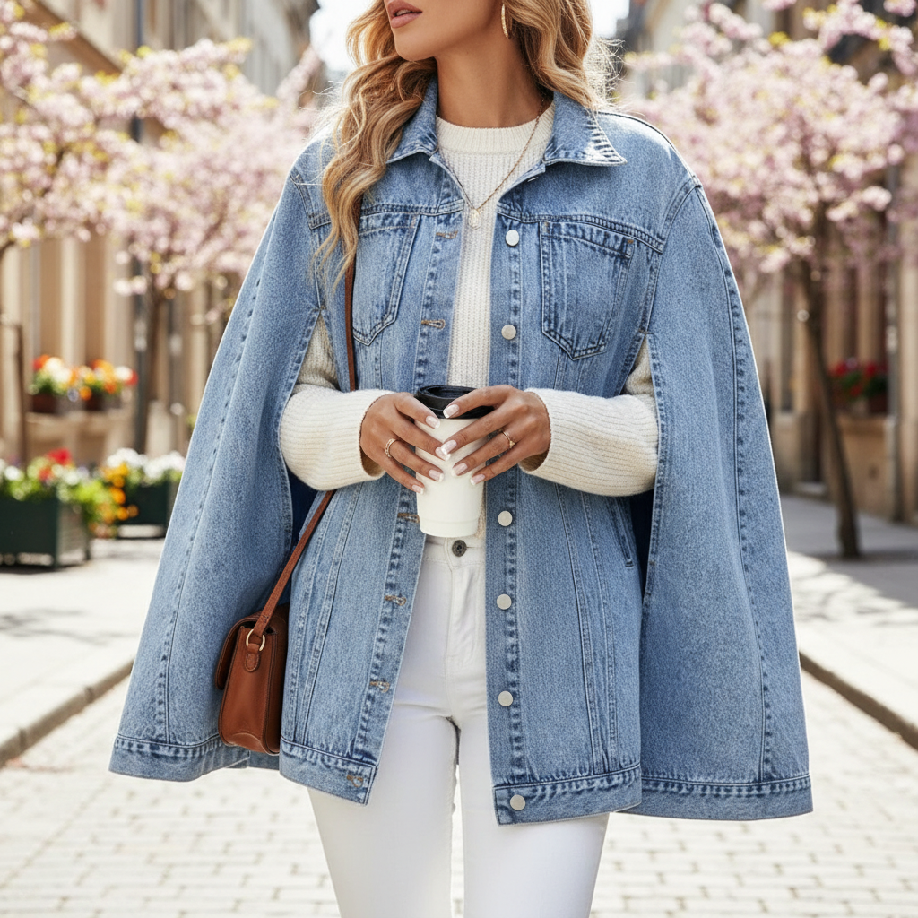 Veste en jean femme mi longue bleu clair en denim, coupe ample avec boutons métalliques apparents. Image