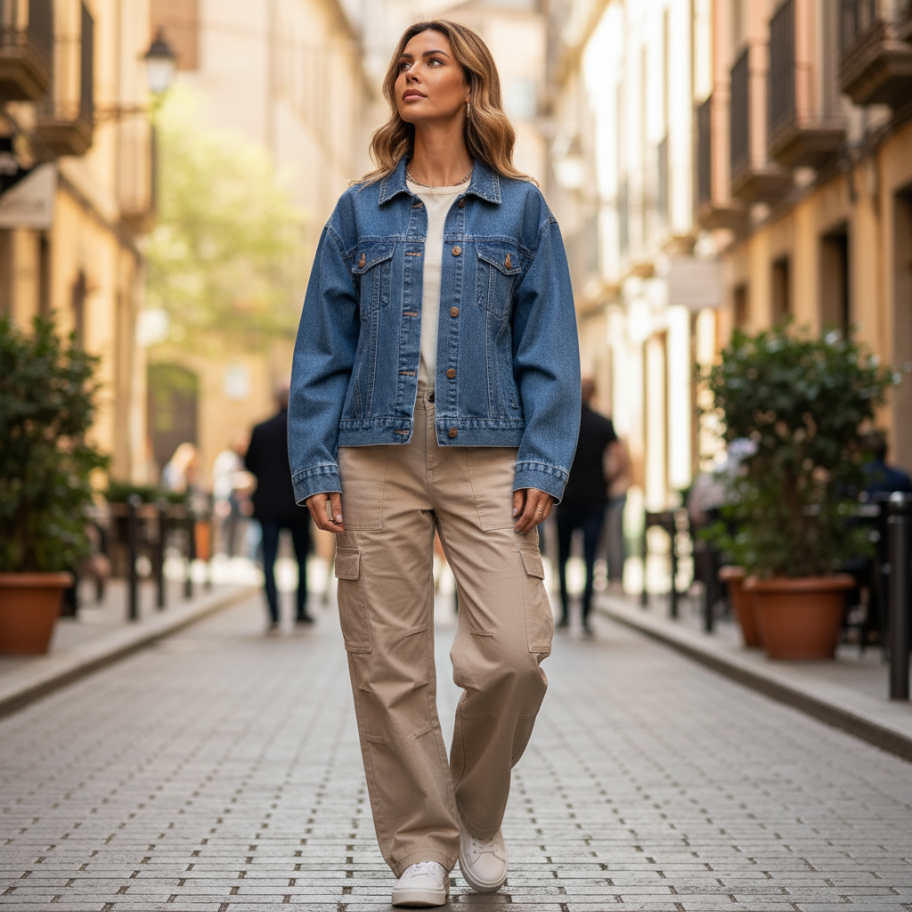 Veste en jean femme tendance bleu clair en denim, coupe droite avec poches à rabat boutonnées. Image