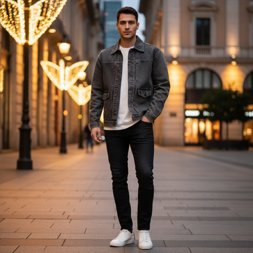Veste en jean foncé homme en denim gris anthracite, coupe droite avec poches à rabat. Image