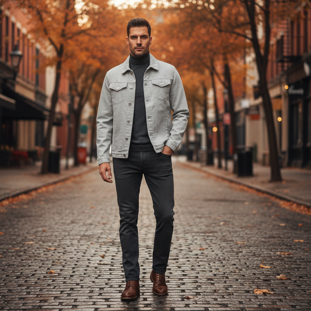 Veste en jean gris clair homme en denim, coupe droite avec poches poitrine et boutons métalliques. Image