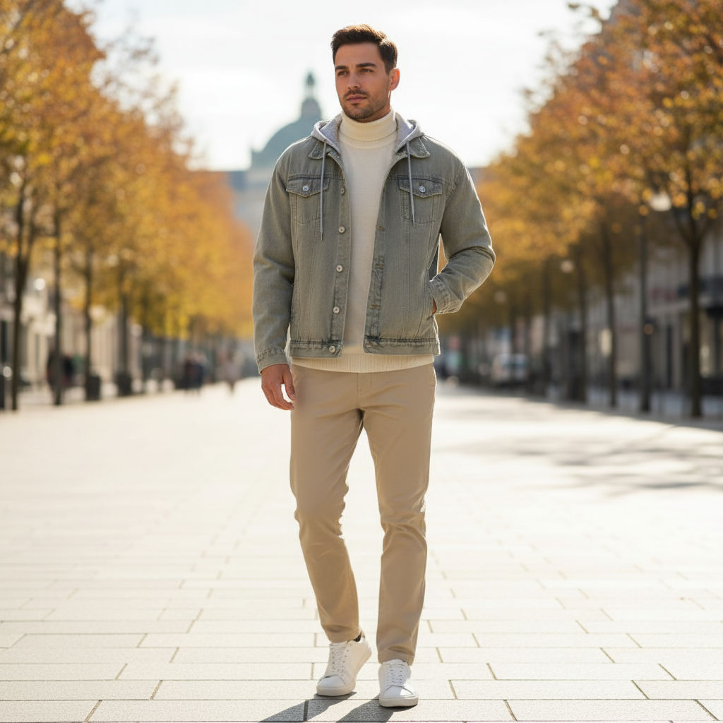 Veste en jean homme kaki en denim épais, coupe droite avec poches poitrine et boutons métal. Image