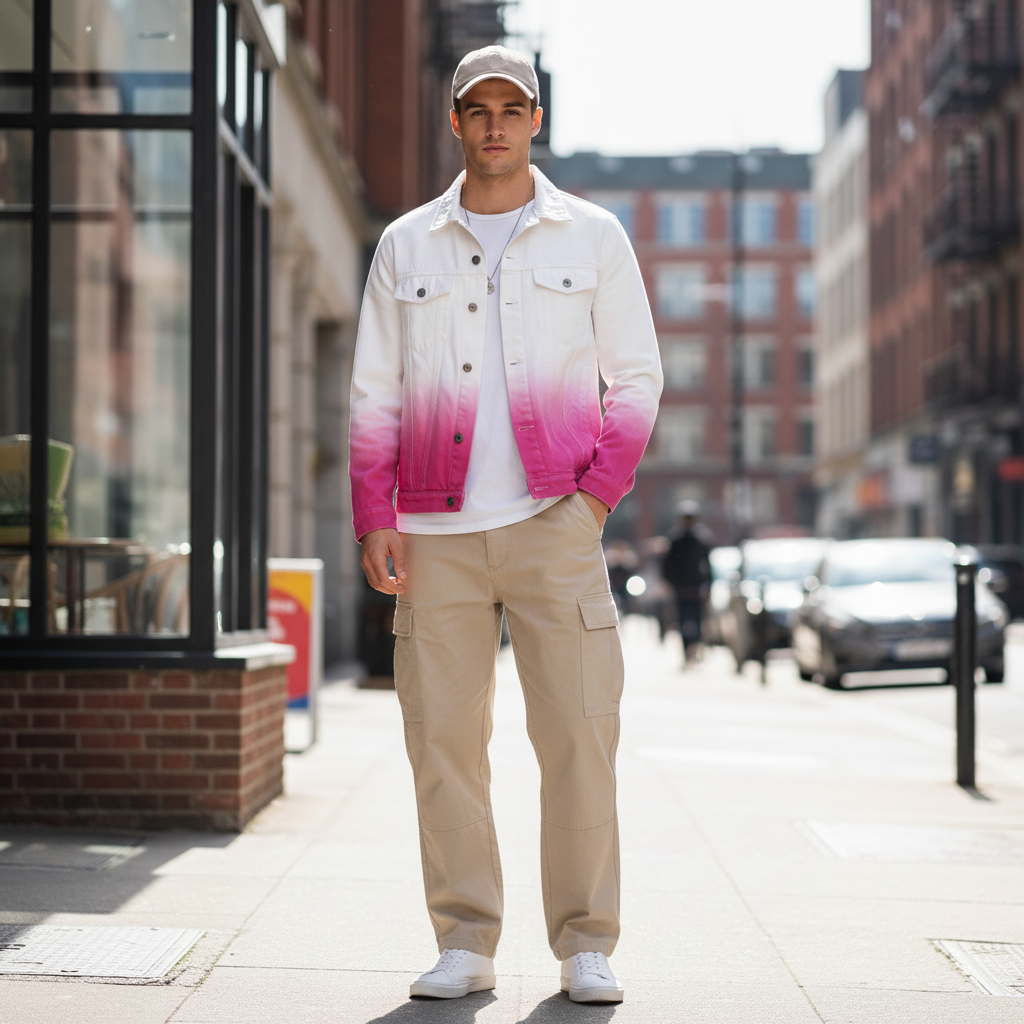 Veste en jean homme original en denim dégradé blanc et rose, coupe classique à boutons métal. Image