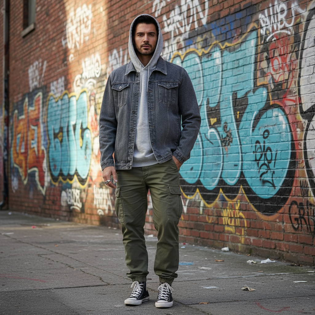 Veste en jean homme vintage gris foncé en denim, portée sur un sweat à capuche gris clair. Image