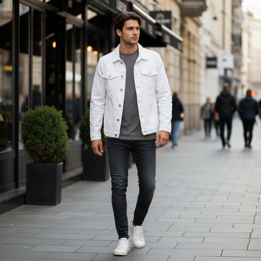 Veste en jean légère homme blanche en denim, coupe droite, idéale pour la mi-saison. Image
