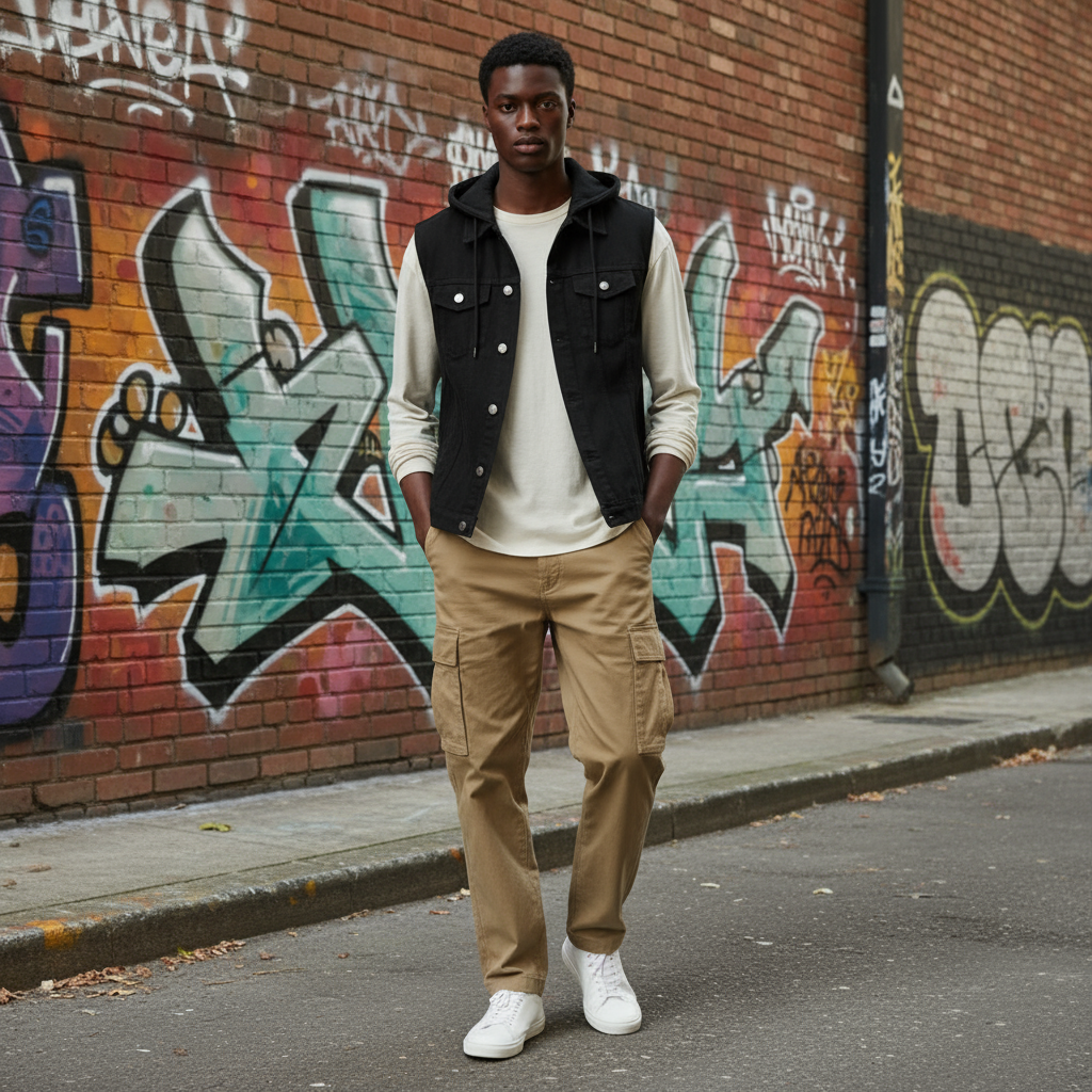 Veste en jean noir à capuche sans manches en denim, portée sur un pull beige à manches longues. Image