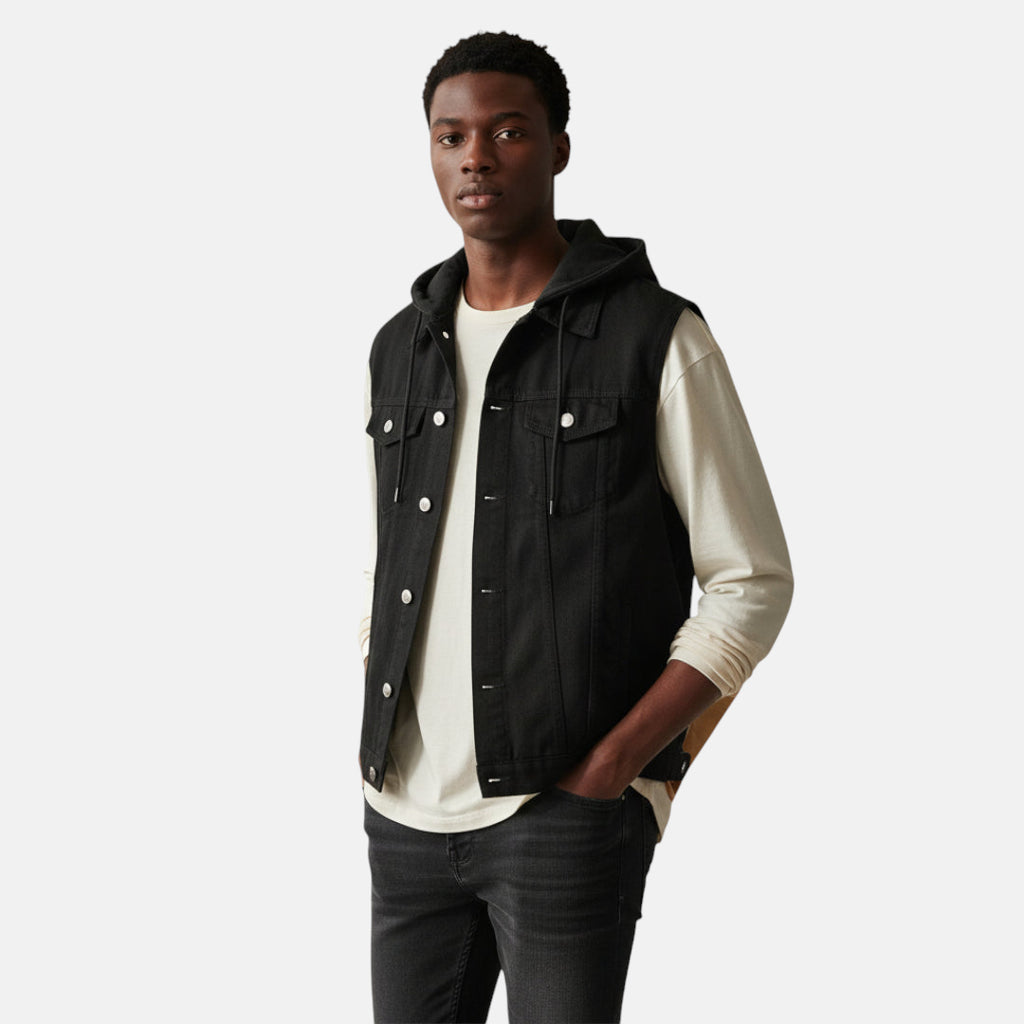 Veste en jean noir à capuche sans manches