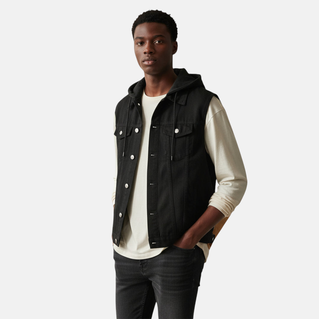 Veste en jean noir à capuche sans manches