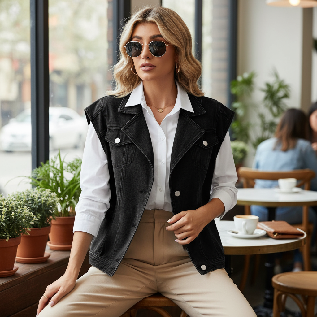 Veste en jean noir sans manche femme en denim épais, coupe droite avec poches à rabat boutonnées. Image