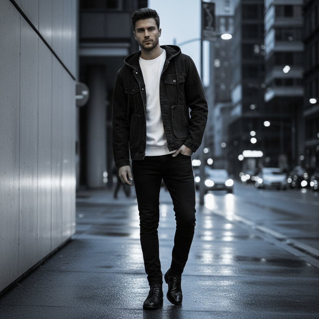 Veste en jean noire à capuche homme en denim avec poches frontales, portée en milieu urbain. Image