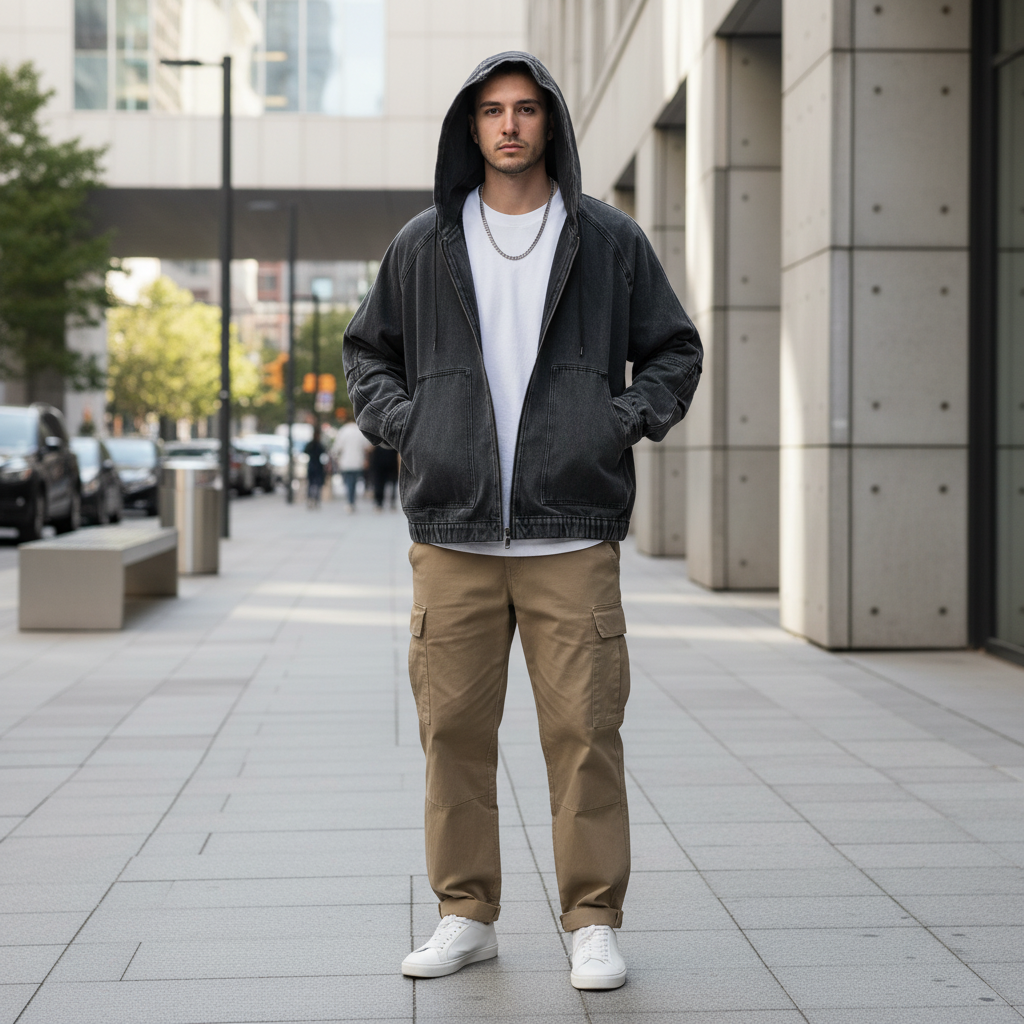 Veste en jean noire à capuche homme oversize en denim, coupe ample avec fermeture zippée. Image