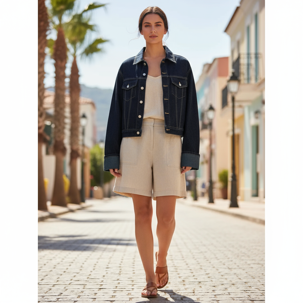 Veste en jean vintage femme bleu foncé en denim épais, coupe droite avec poches plaquées. Image