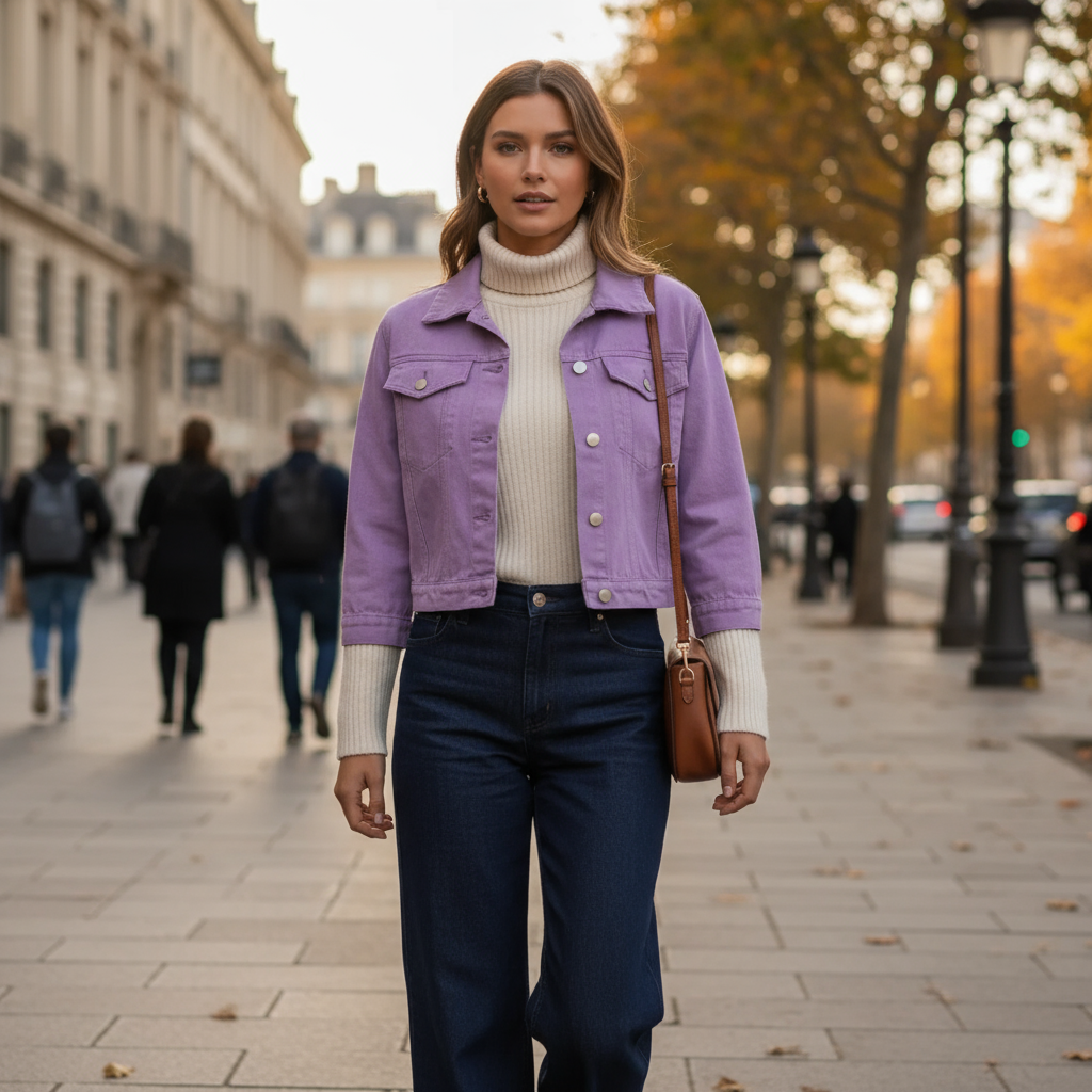 Veste en jean violet pour femme, en denim épais, coupe courte avec poches poitrine à rabat. Image