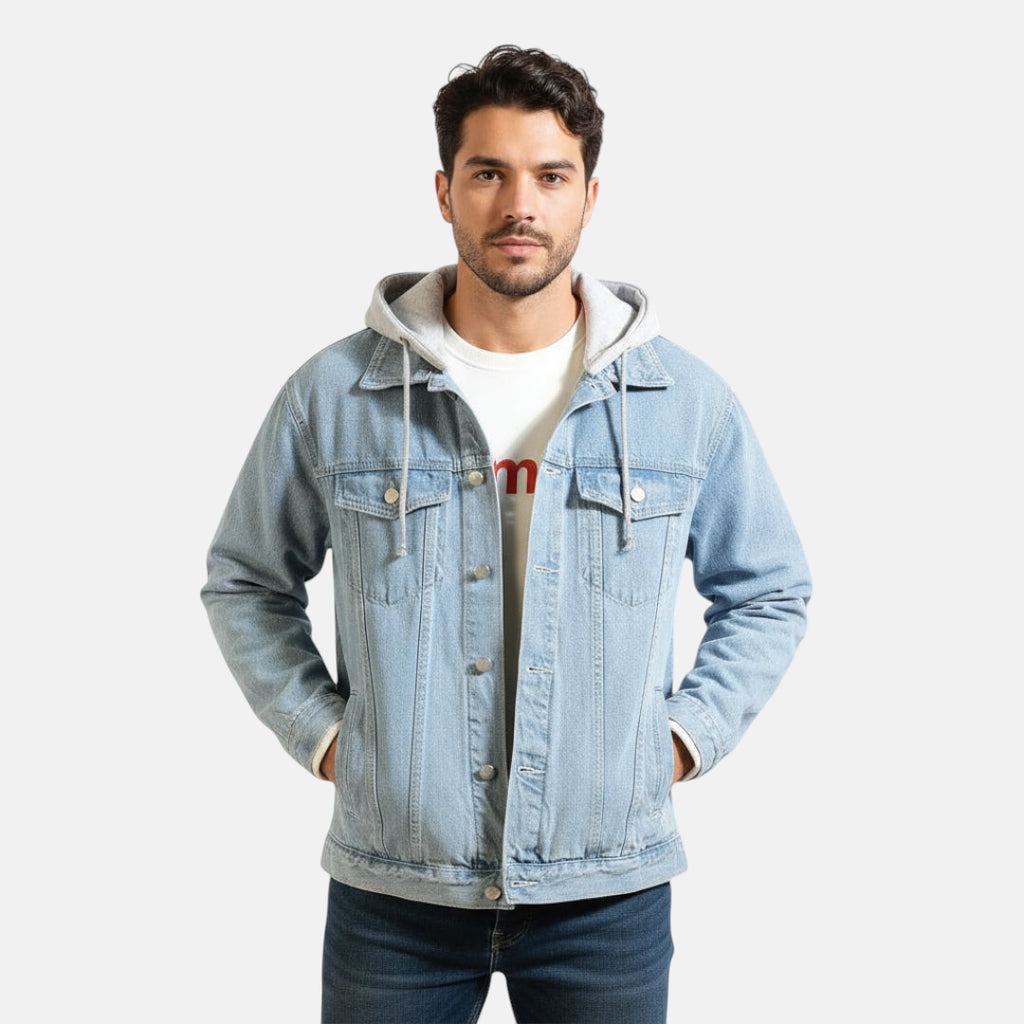Veste jean bleu à capuche homme