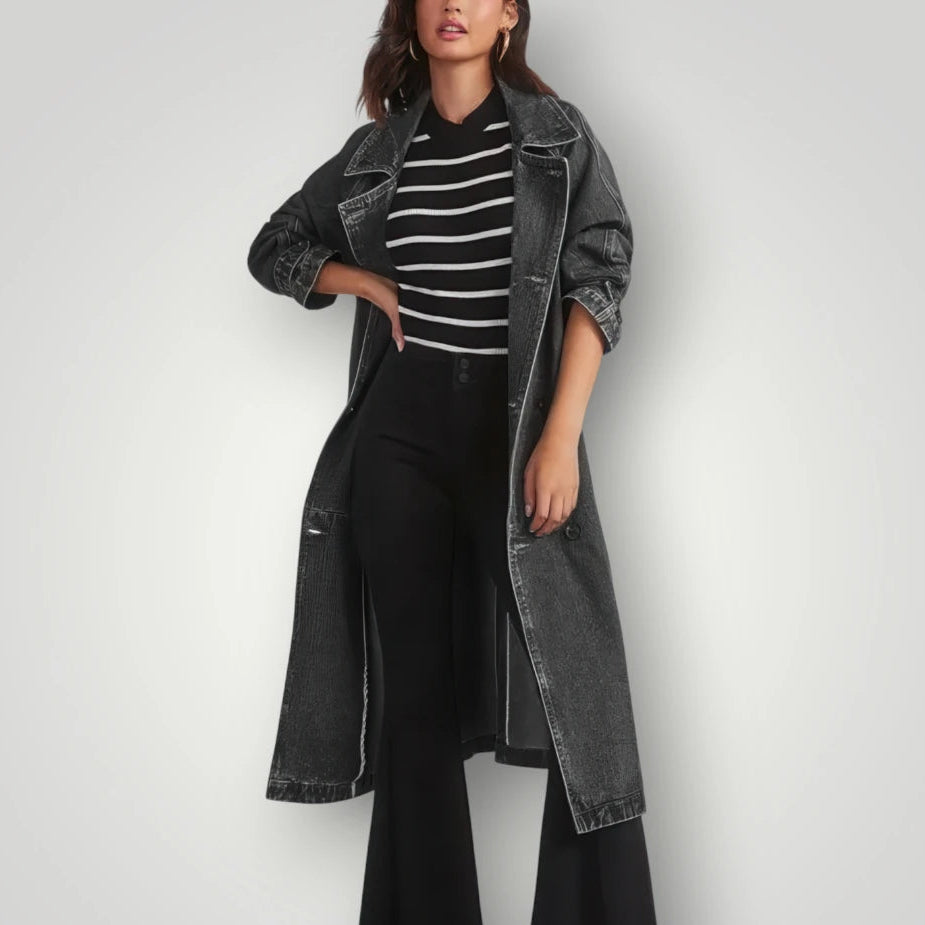 Veste longue en jean noir femme