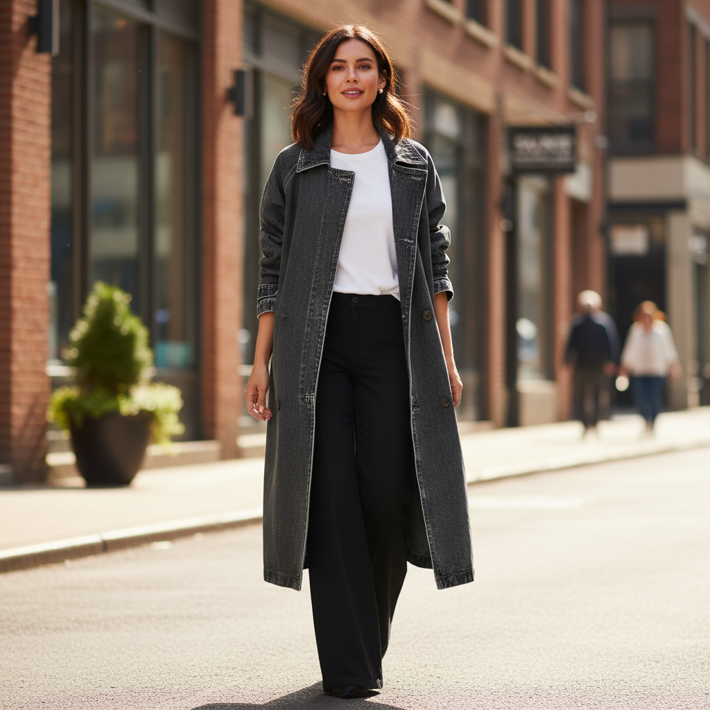 Veste longue en jean noir femme en denim épais, coupe droite avec col chemise et manches longues. Image