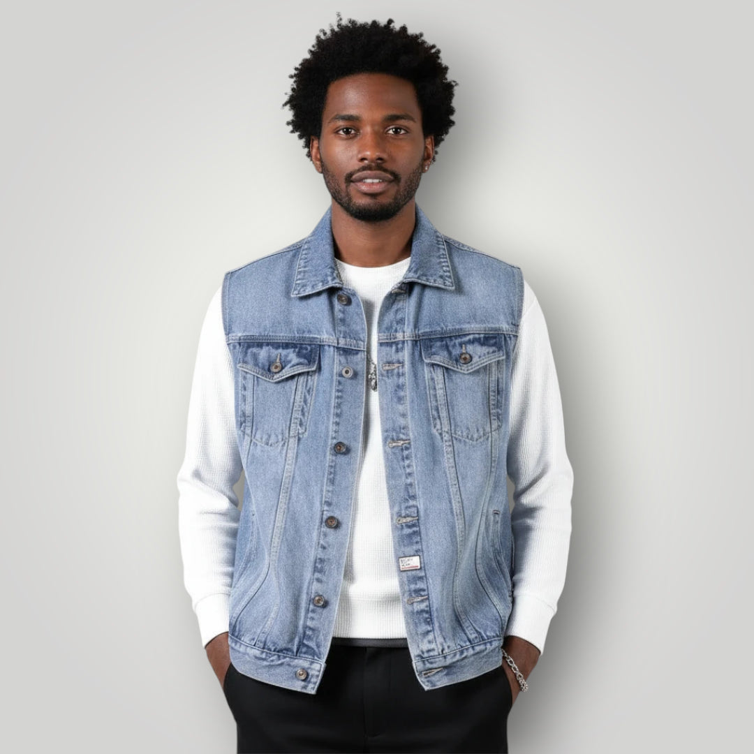 Veste sans manche en jean bleu clair homme