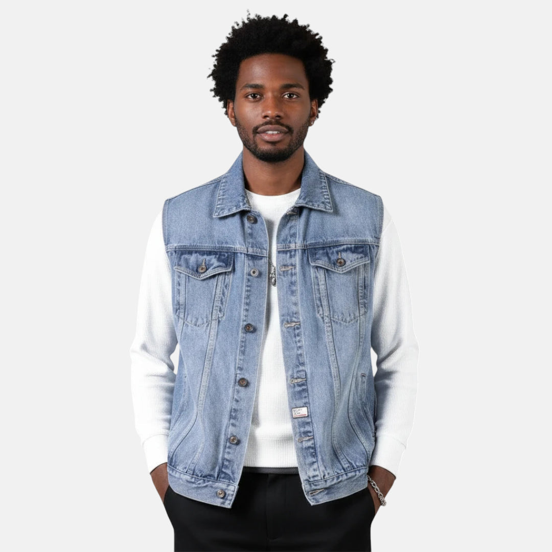 Veste sans manche en jean bleu clair homme