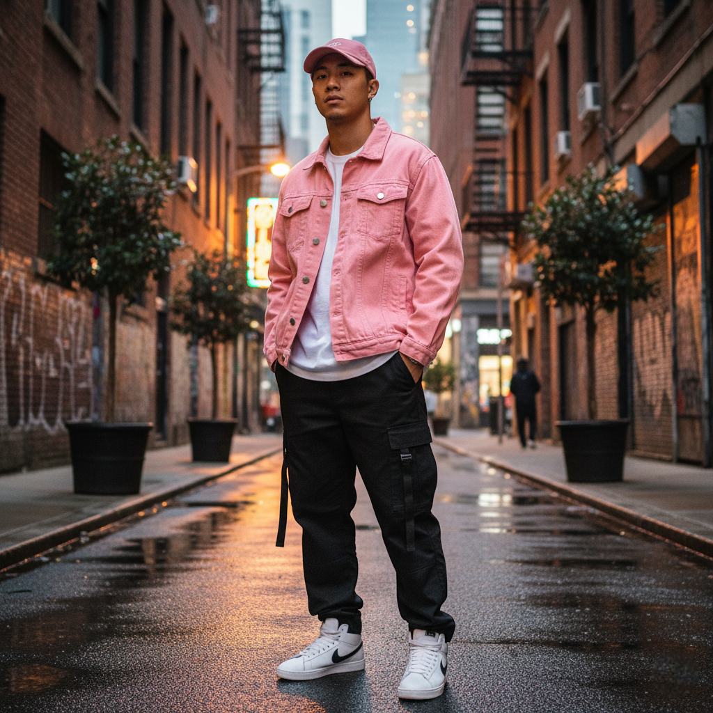 Veste en jean rose homme en denim épais, coupe droite, portée en tenue décontractée urbaine. Image