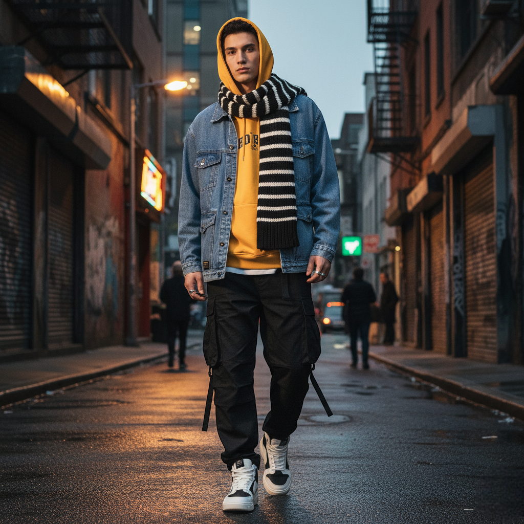 veste en jean stretch homme​ bleu clair, matière coton, portée en look urbain moderne. Image